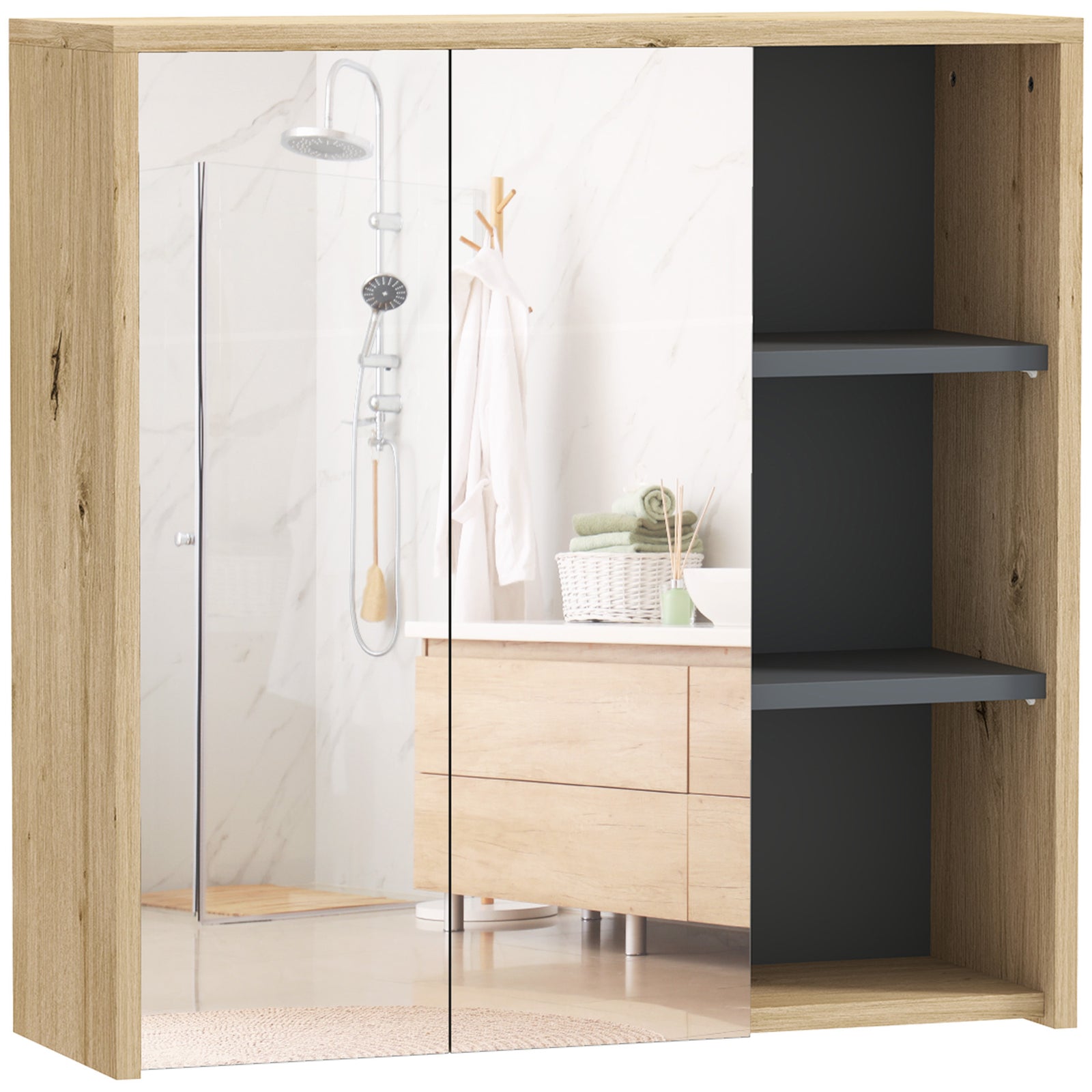Five-Shelf Mirrored Bathroom Cabinet - Wood-Effect