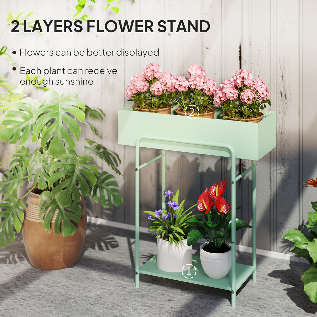 2 Tier Plant Stand, Metal Plant Rack Shelf with Drain Holes, Floor-standing Flower Pot Stand for Indoor Outdoor Garden Patio Balcony Living Room, Green