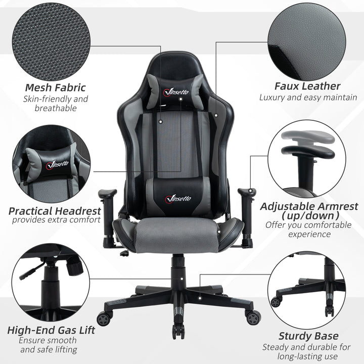 Vinsetto Gaming Chair Racing Style Ergonomic Office Chair High Back Computer Desk Chair Adjustable Height Swivel Recliner with Lumbar Support, Grey