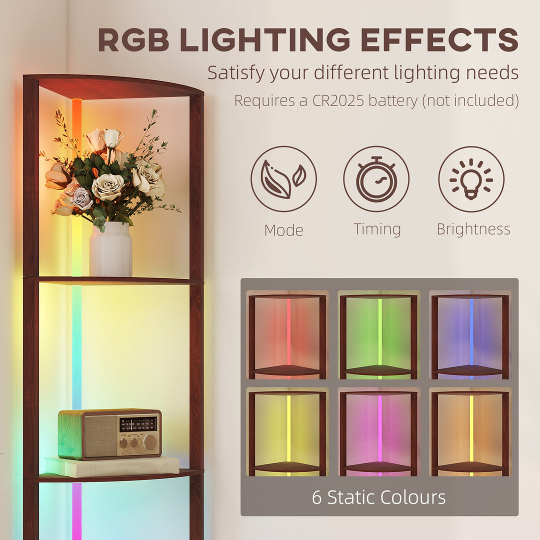 RGB LED Floor Lamp with Shelves, 5-Tier Dimmable Standing Lamp with Adjustable Brightness and Remote Control, Modern Corner Display Shelf Unit for Living Room Bedroom Office, Brown