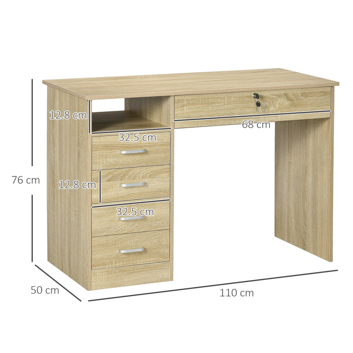 HOMCOM Desk with Shelves, Office Table with Large Desktop, Shelf and Five Drawers, One Lockable Drawer, for Study & Work & Write, Oak | Aosom UK