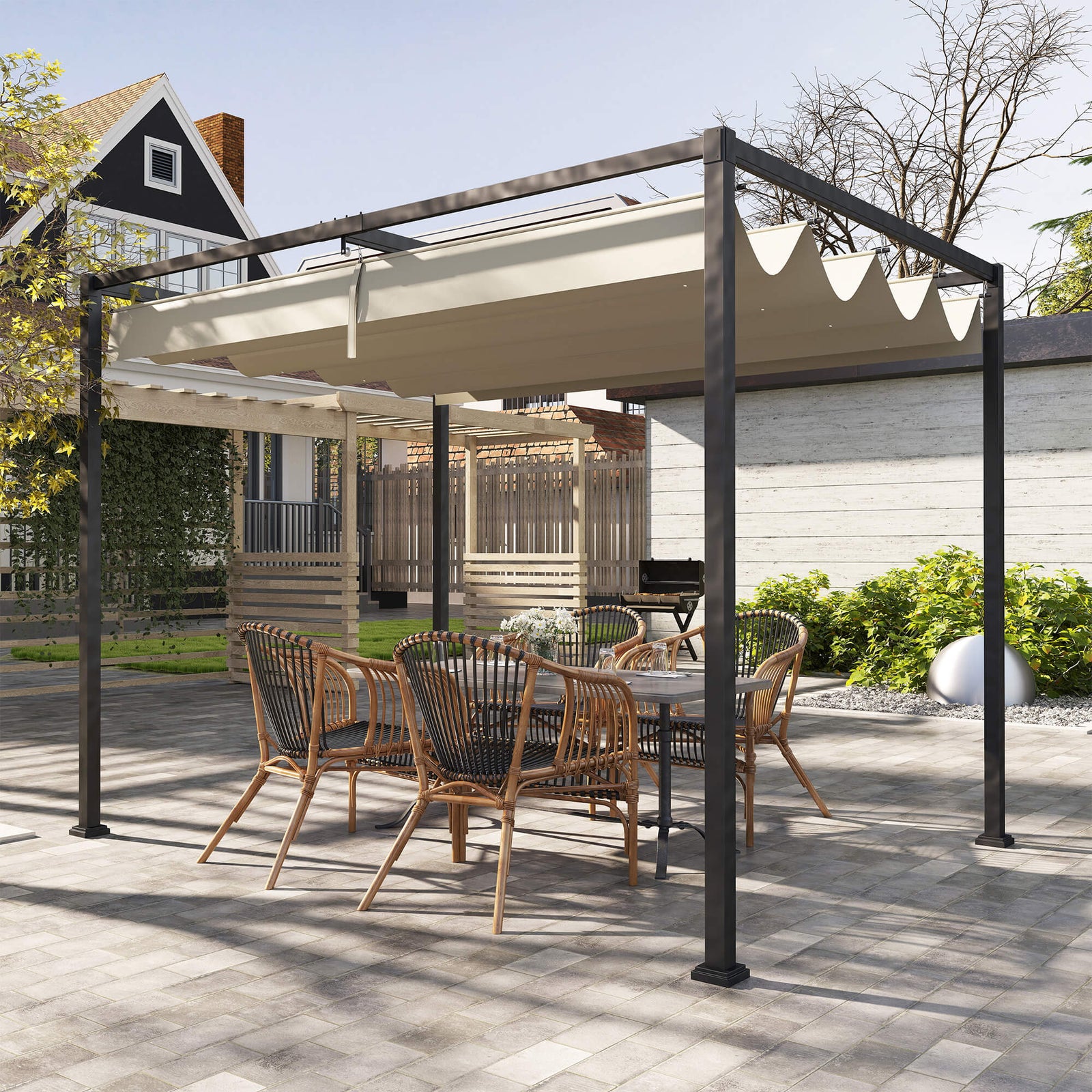 3x2m Metal Pergola with Retractable Roof, Garden Gazebo Canopy Shelter for Outdoor, Patio, Khaki