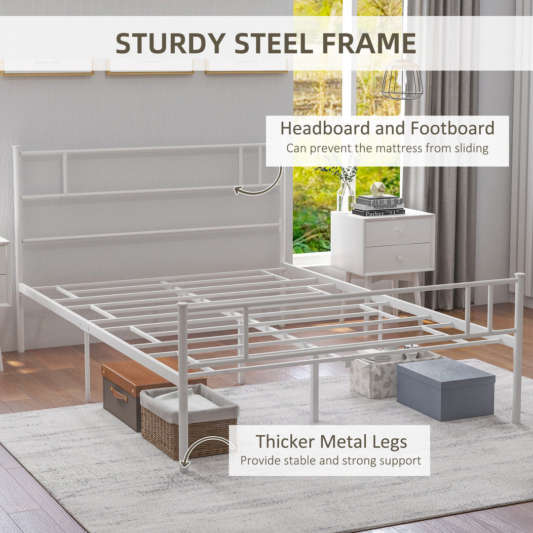 Double Metal Bed Frame Solid Bedstead Base with Headboard and Footboard, Metal Slat Support and Underbed Storage Space, Bedroom Furniture, White