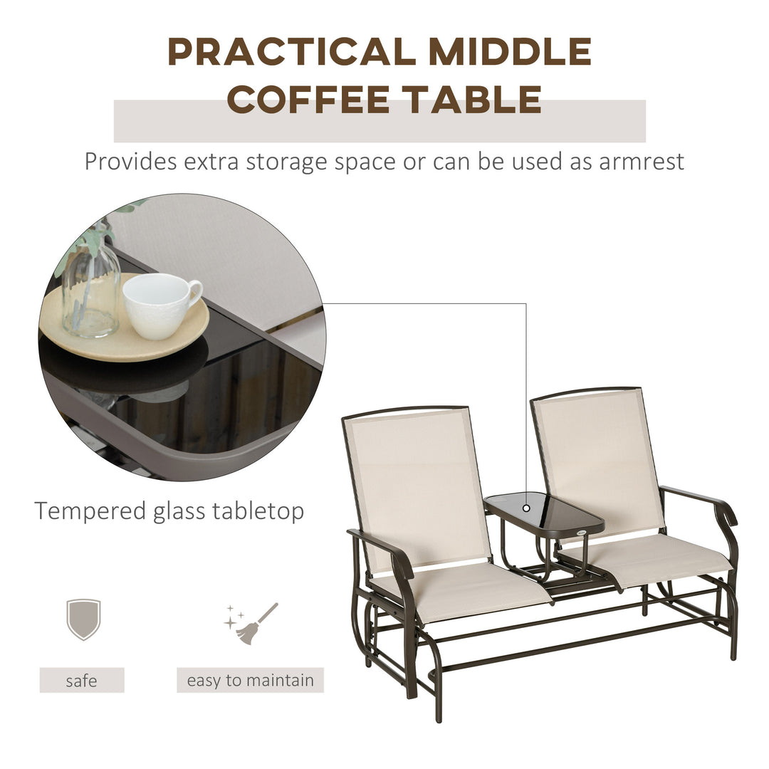 2 Seats Garden Glider Bench, Metal Frame Loveseat with Glass Top Centre Table, Porch Rocking Glider for 2 Person, for Deck, Patio, Brown/ Khaki