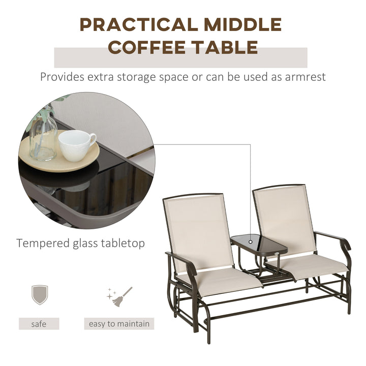 2 Seats Garden Glider Bench, Metal Frame Loveseat with Glass Top Centre Table, Porch Rocking Glider for 2 Person, for Deck, Patio, Brown/ Khaki