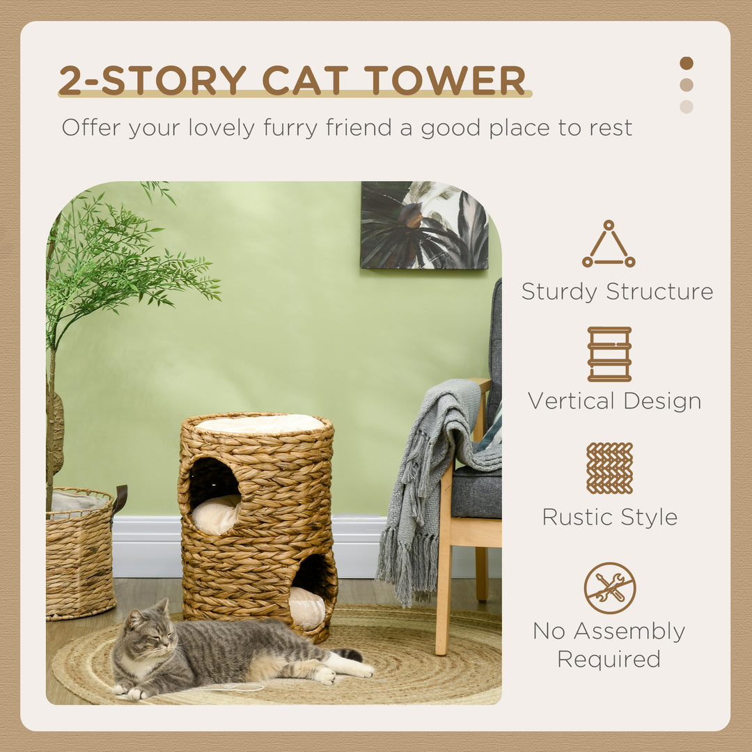 PawHut 47cm Cat Barrel Tree for Indoor Cats with 2 Cat Houses, Kitten Tower with Cushion - Light Brown | Aosom UK