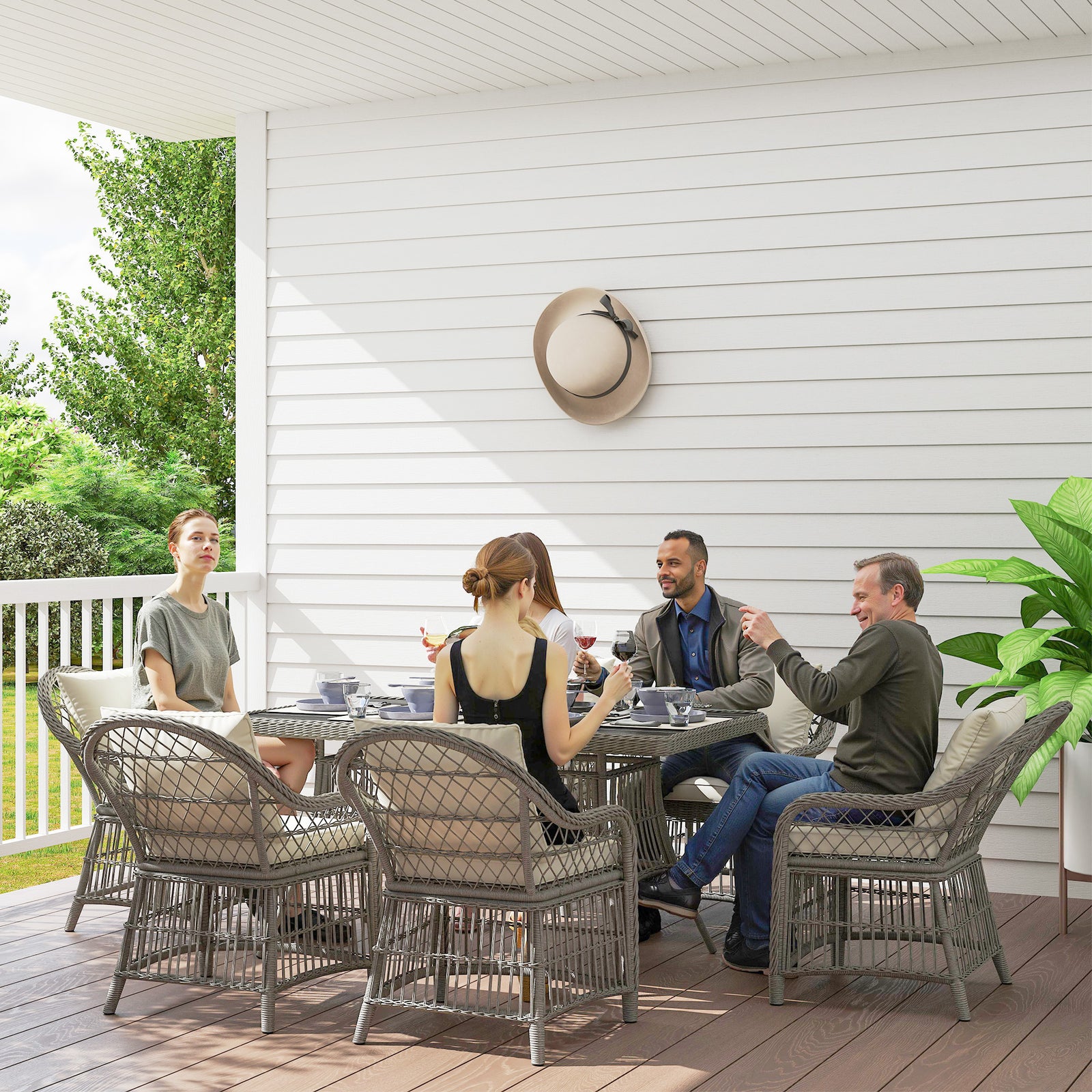 Rattan Dining Set with Seat and Back Cushions, 6 Seater Garden Furniture Set with Aluminium Frame, 6 Chairs, WPC Top Rectangle Table, Conservatory Wicker Patio Furniture, Grey