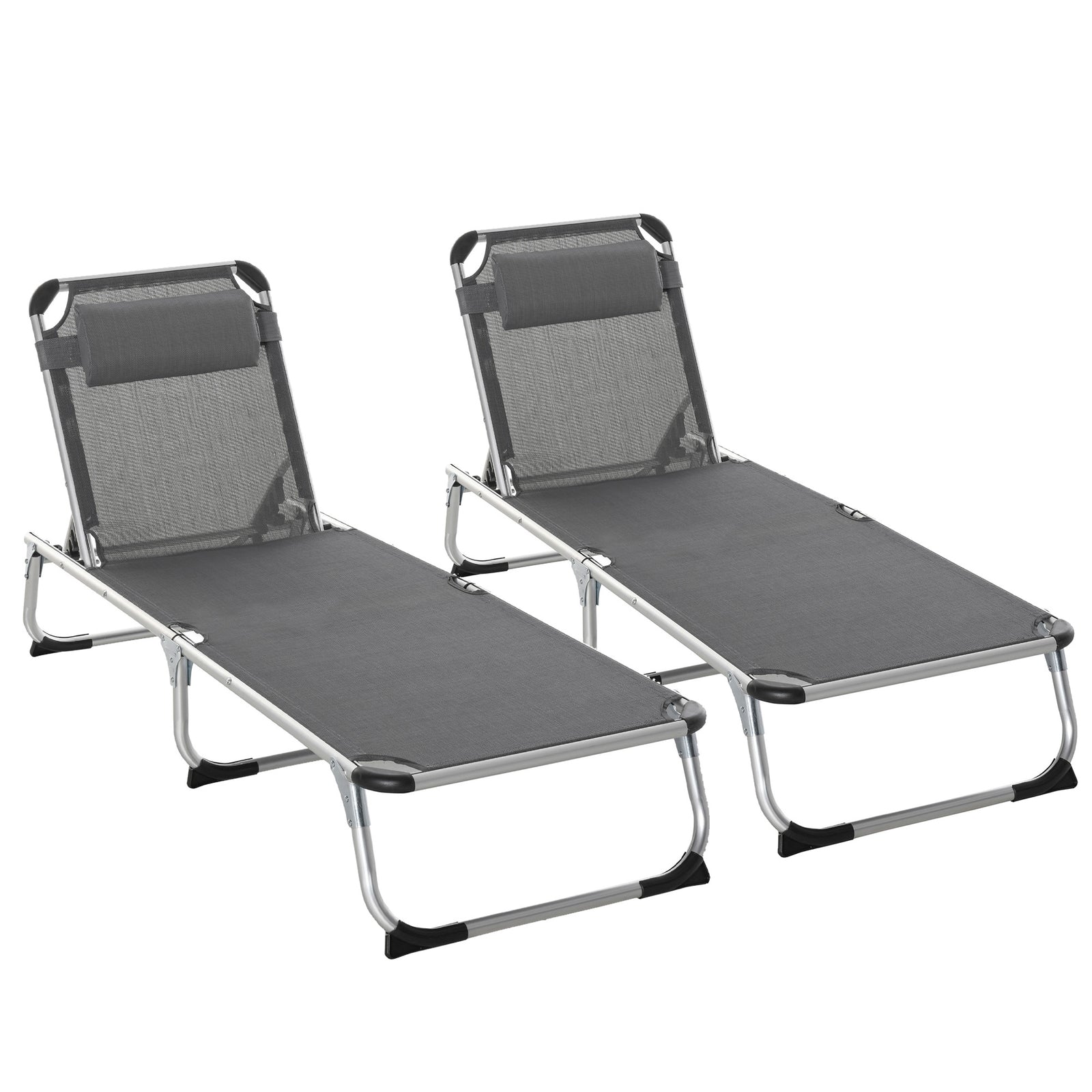 Foldable Outdoor Sun Loungers Set of 2, Reclining Lounge Chair Camping Bed Cot with Pillow 4-Level Adjustable Back Aluminium Frame, Grey