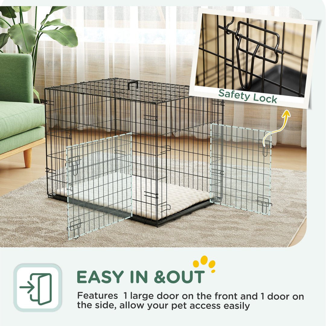 Foldable Dog Crate with 2 Doors with Tray, Soft Cushion, for Small Dogs, 76 x 53 x 60, Black