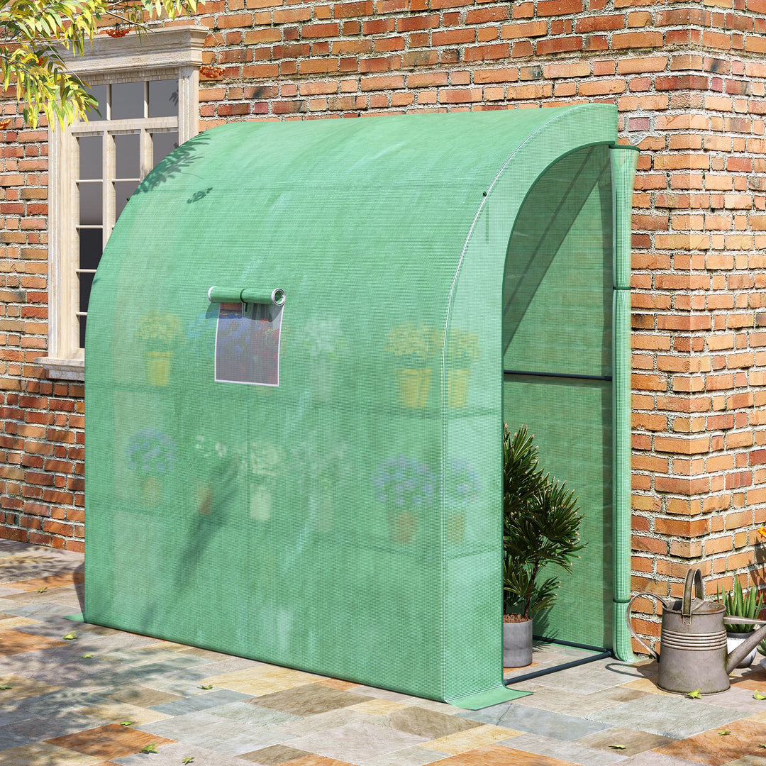 Outsunny Lean to Greenhouses with Windows and Doors 2 Tiers 4 Wired Shelves 200L x 100W x 215Hcm Green | Aosom UK