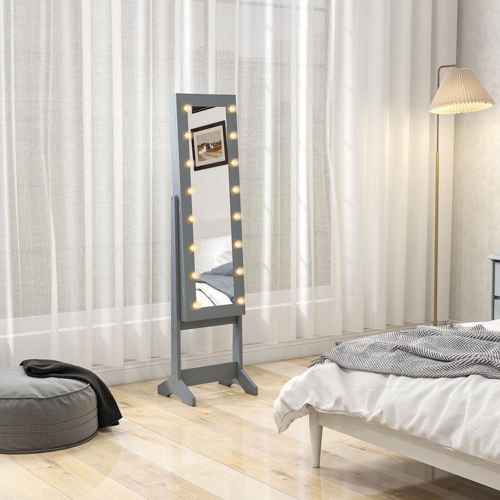Freestanding Mirror Jewelry Cabinet with LED Lights, Jewellery Organiser with 3 Angle Adjustable, Full-Length Mirror with Storage for Earrings, Necklaces, Rings and Lipsticks, Grey