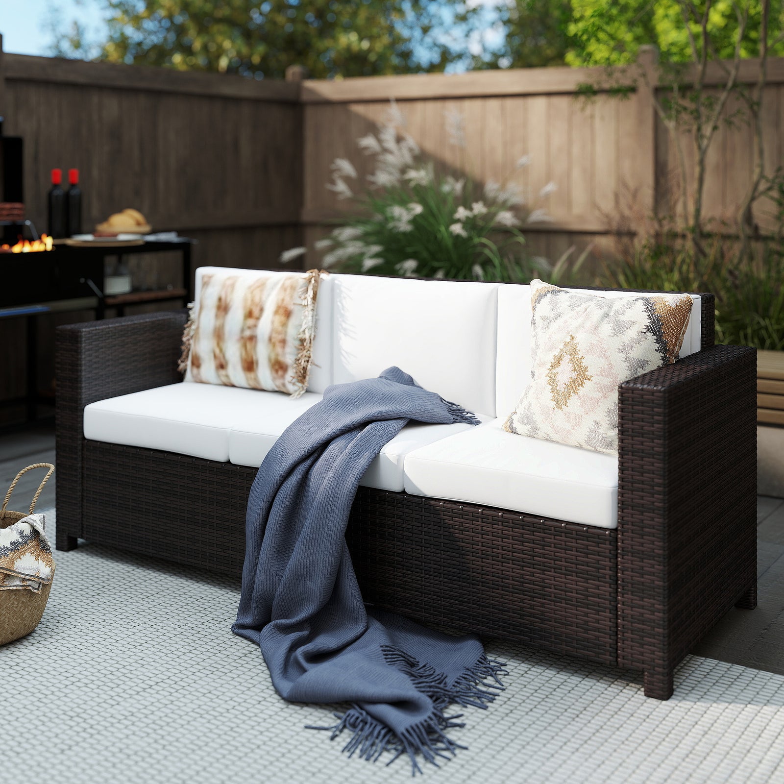 3 Seater Rattan Sofa, All-Weather Wicker Weave Metal Frame Chair with Fire Resistant Cushion, Brown