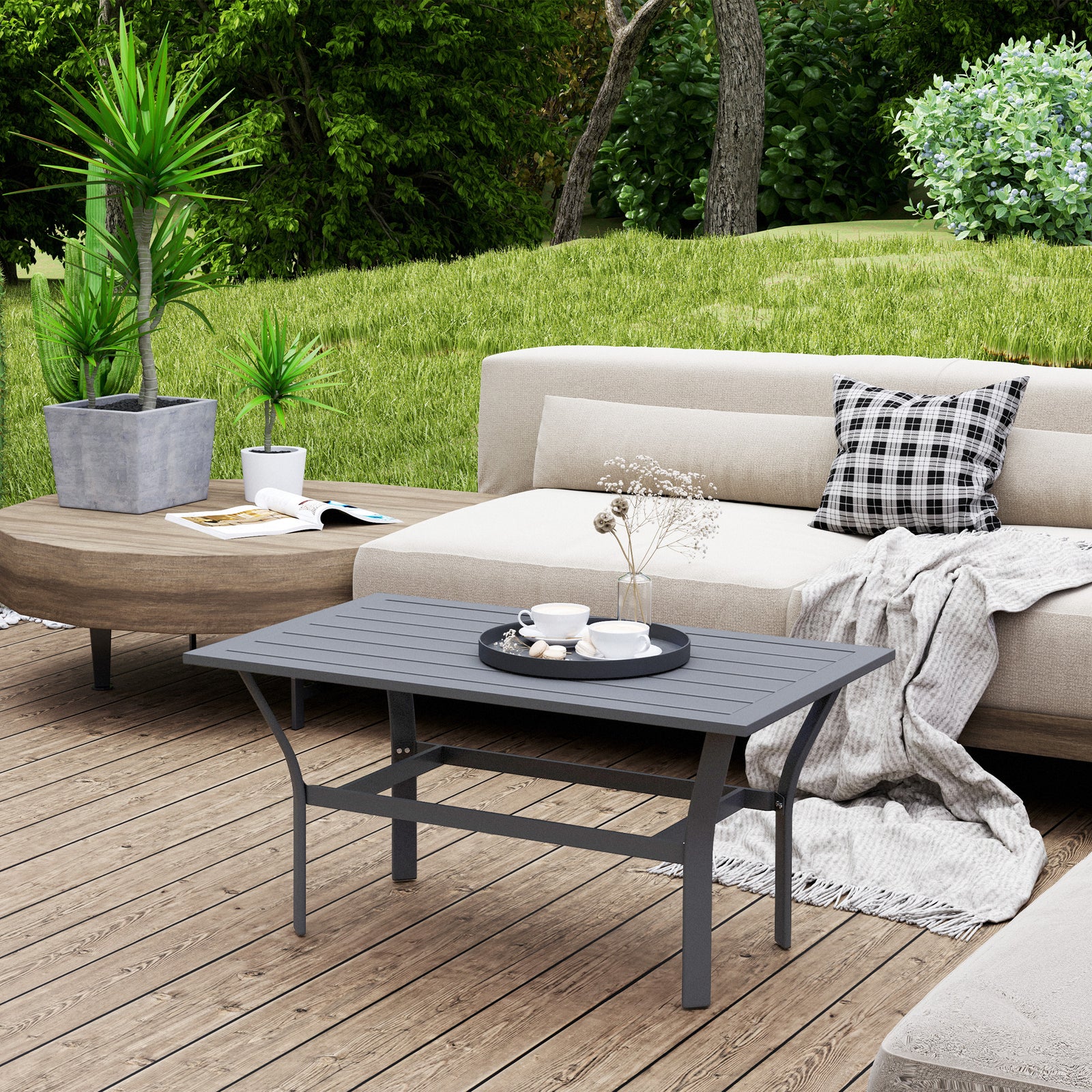 Metal Garden Coffee Table, Rectangular Outdoor Side Table with Slatted Tabletop, Foot Pads for Outside, Garden, Balcony, Porch, 91.5 x 55 x 45cm, Dark Grey