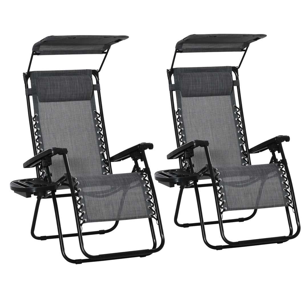 2 Piece Foldable Reclining Garden Chair with Headrest, Zero Gravity Deck Sun Lounger Seat Chair with Footrest, Armrest, Cup Holder & Canopy Shade, Light Grey