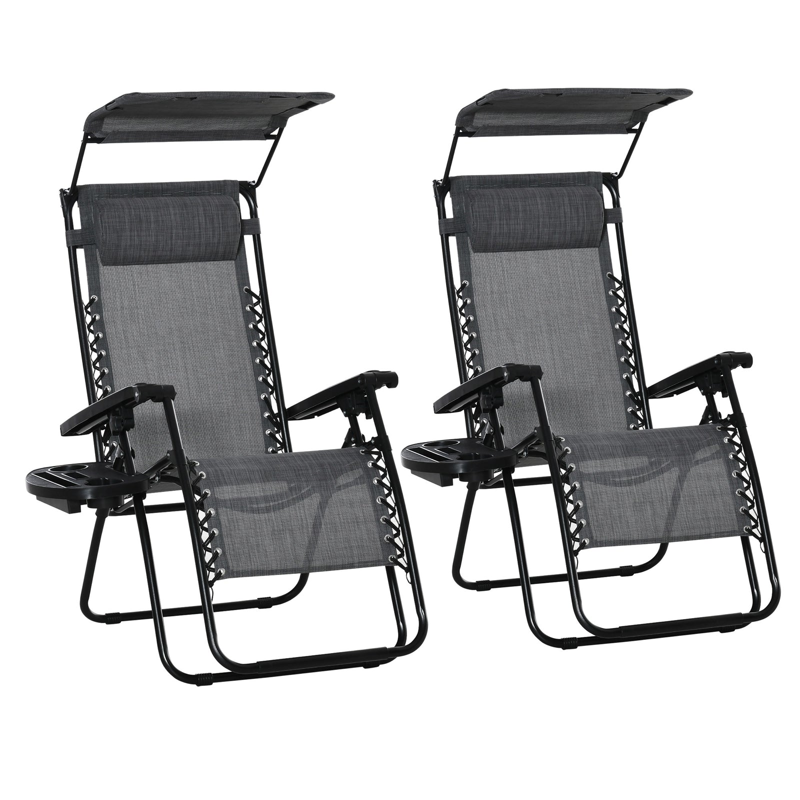 2 Piece Foldable Reclining Garden Chair with Headrest, Zero Gravity Deck Sun Lounger Seat Chair with Footrest, Armrest, Cup Holder & Canopy Shade, Light Grey
