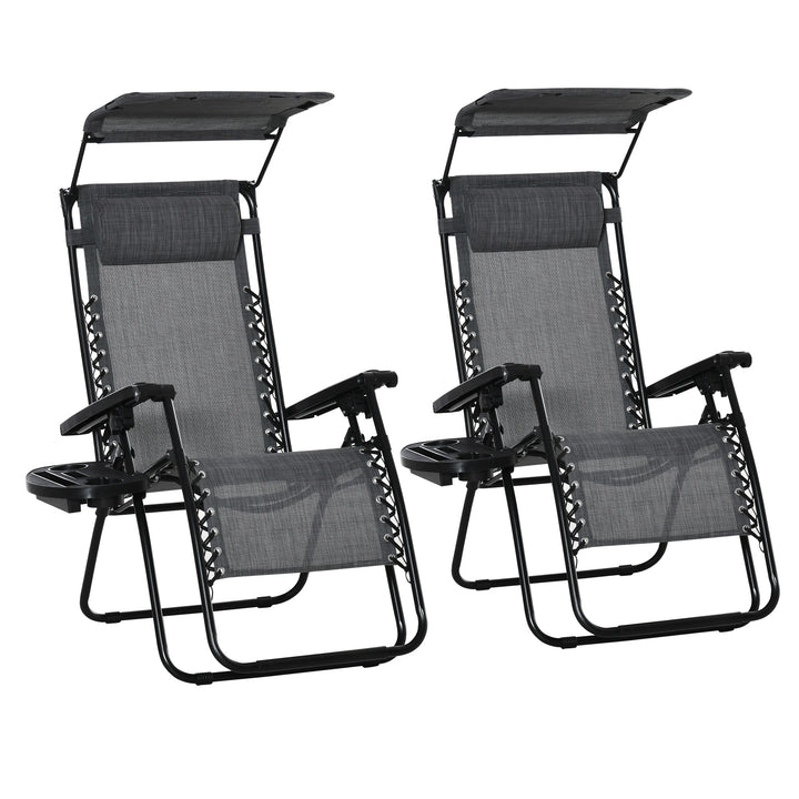 2 Piece Foldable Reclining Garden Chair with Headrest, Zero Gravity Deck Sun Lounger Seat Chair with Footrest, Armrest, Cup Holder & Canopy Shade, Light Grey