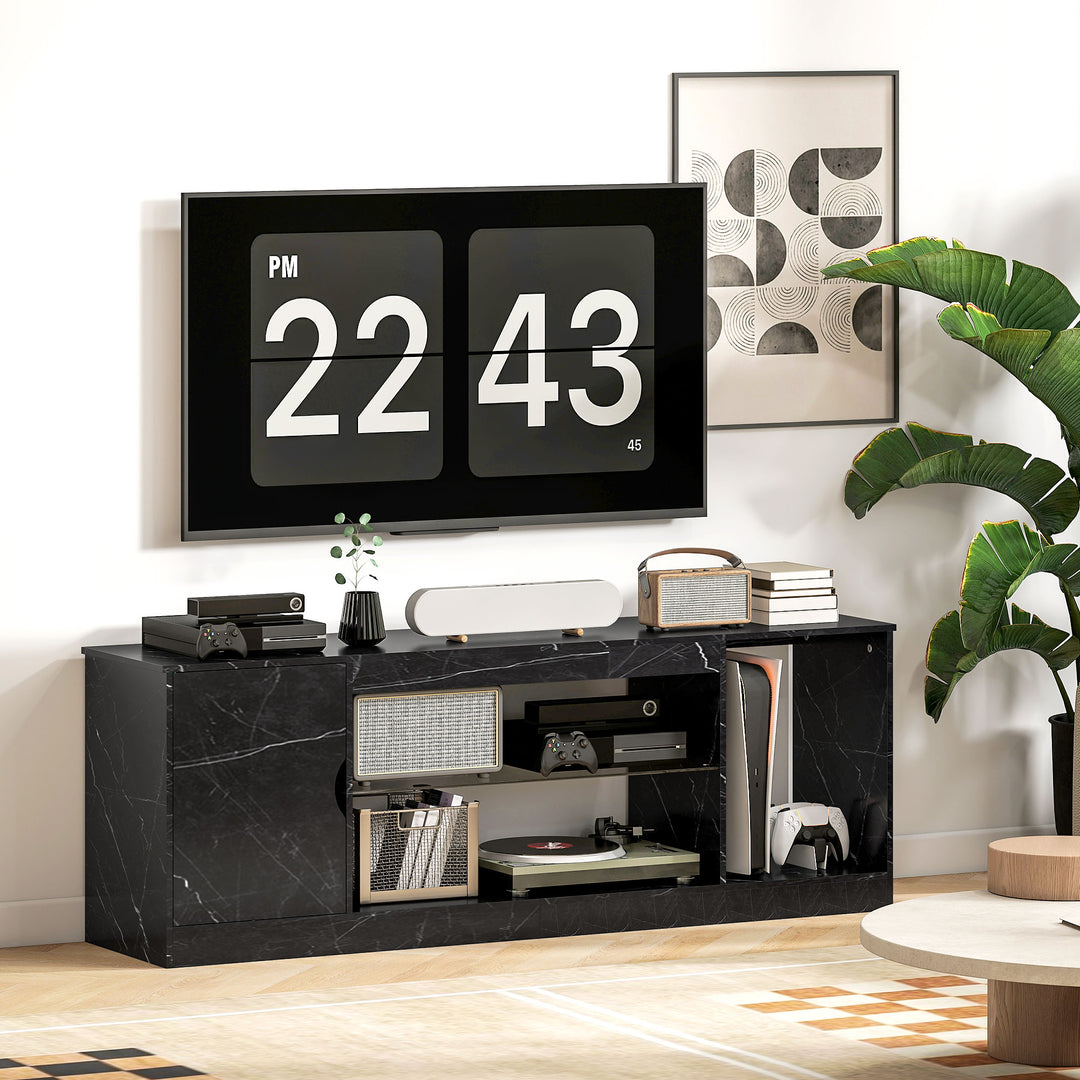 TV Stand Cabinet, Marble Effect TV Unit for up to 55" TVs with Glass Shelf and Storage Cabinet, Entertainment Unit for Living Room, Bedroom, Black