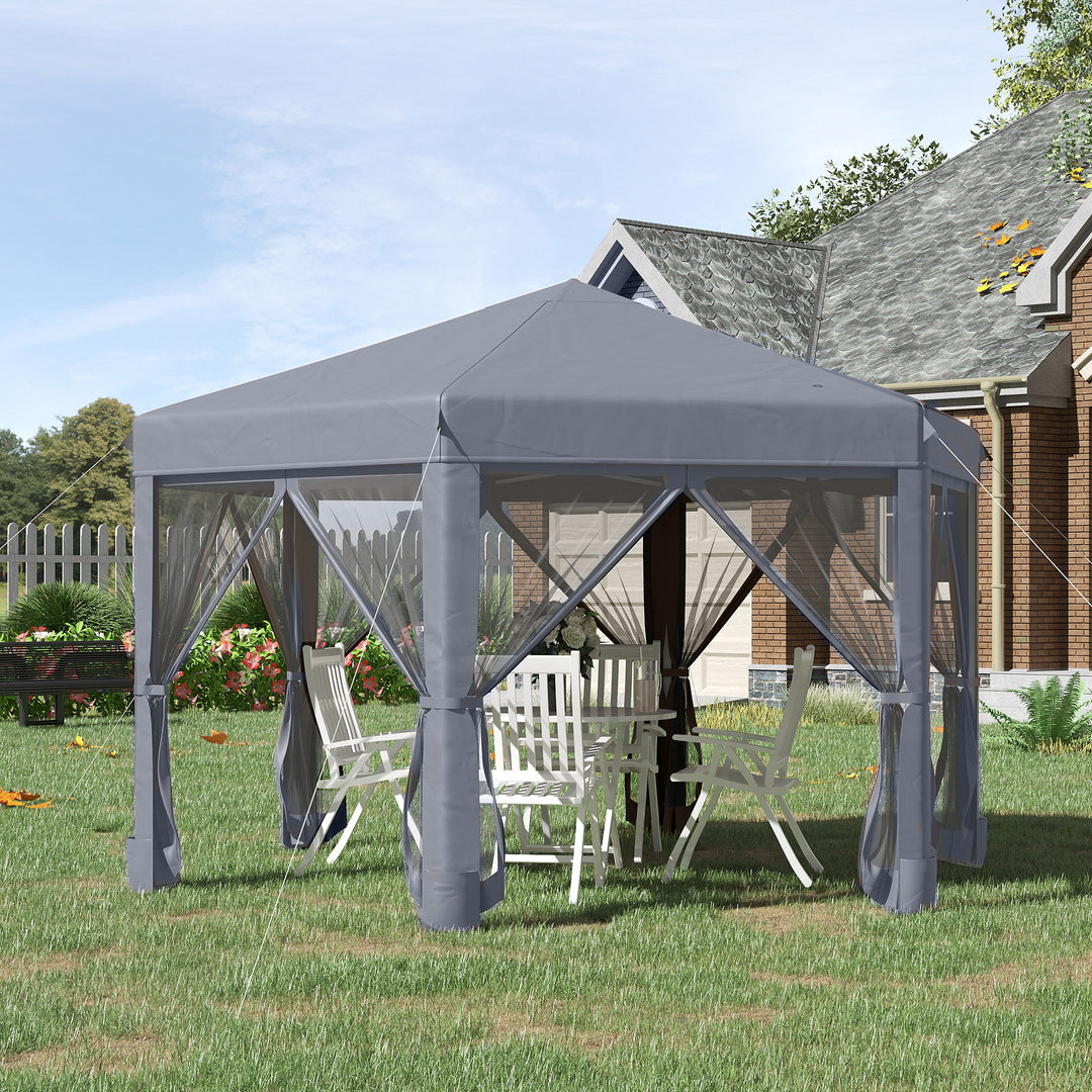 Outsunny 3.2m Canopy Rentals Pop Up Gazebo Hexagonal Canopy Tent Outdoor Sun Protection w/ Mesh Sidewalls, Handy Bag, Grey