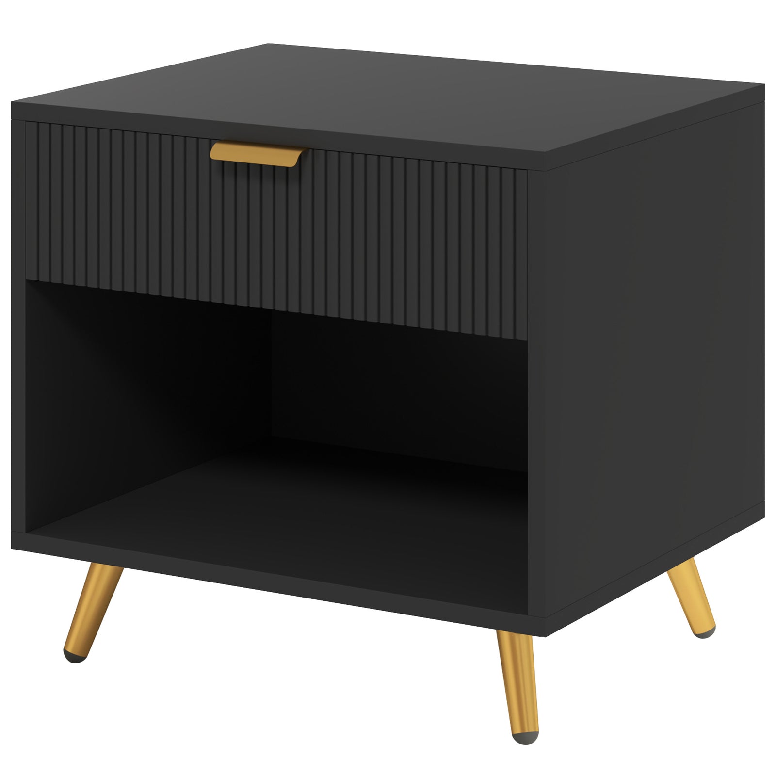 Elegant Bedside Table, with Drawer and Shelf - Black/Gold Tone