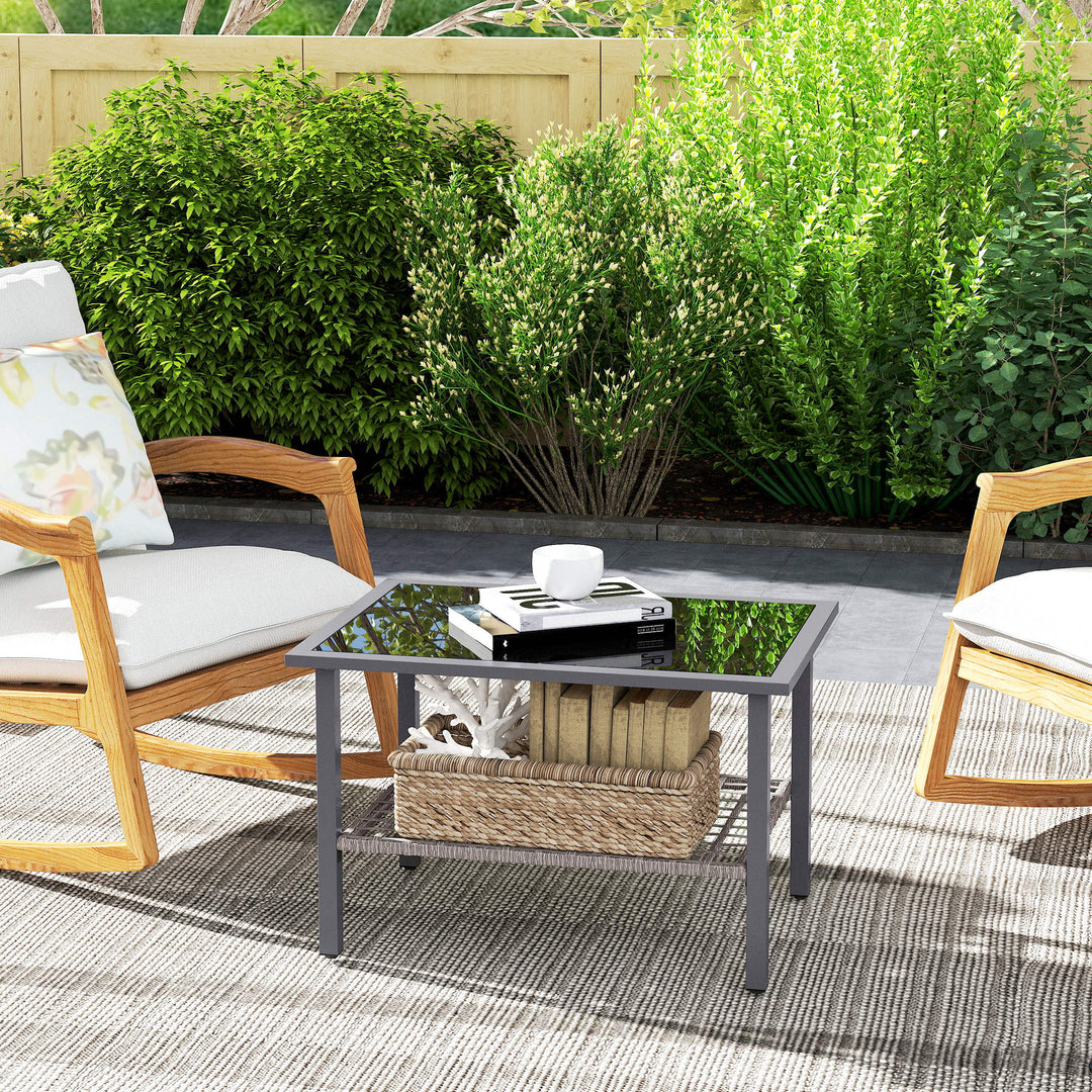 Outdoor Rattan Coffee Table with Tempered Glass Top, Storage Shelf, Foot Pads, for Patio, Balcony, Mixed-grey