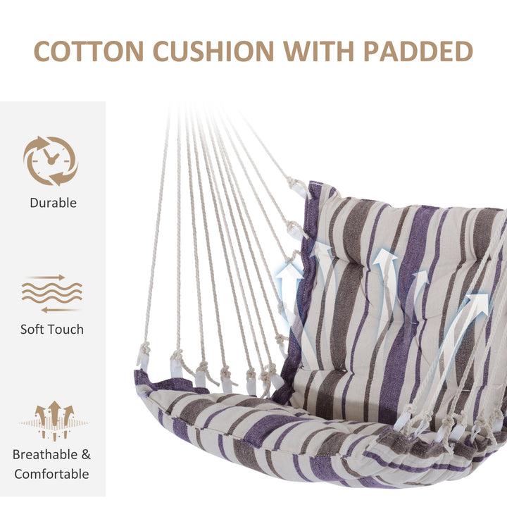 MCL Outdoor Hanging Rope Chair with Soft Padded Seat & Backrest, Garden Hammock Chair with Wooden Support Bar Cotton Cloth, Portable Garden Chair for Patio & Tree, Brown