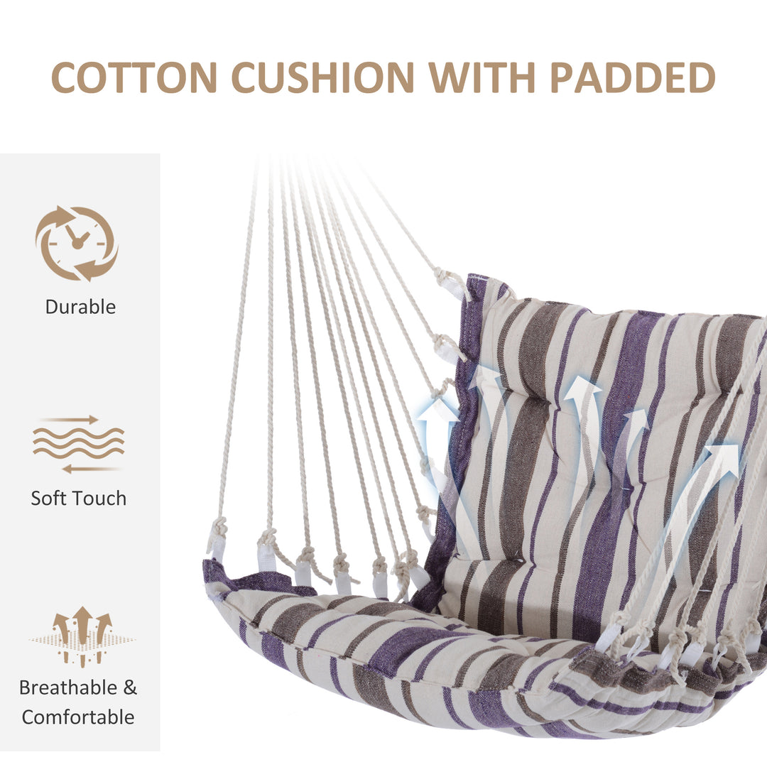 Outdoor Hanging Rope Chair with Soft Padded Seat & Backrest, Garden Hammock Chair with Wooden Support Bar Cotton Cloth, Portable Garden Chair for Patio & Tree, Brown
