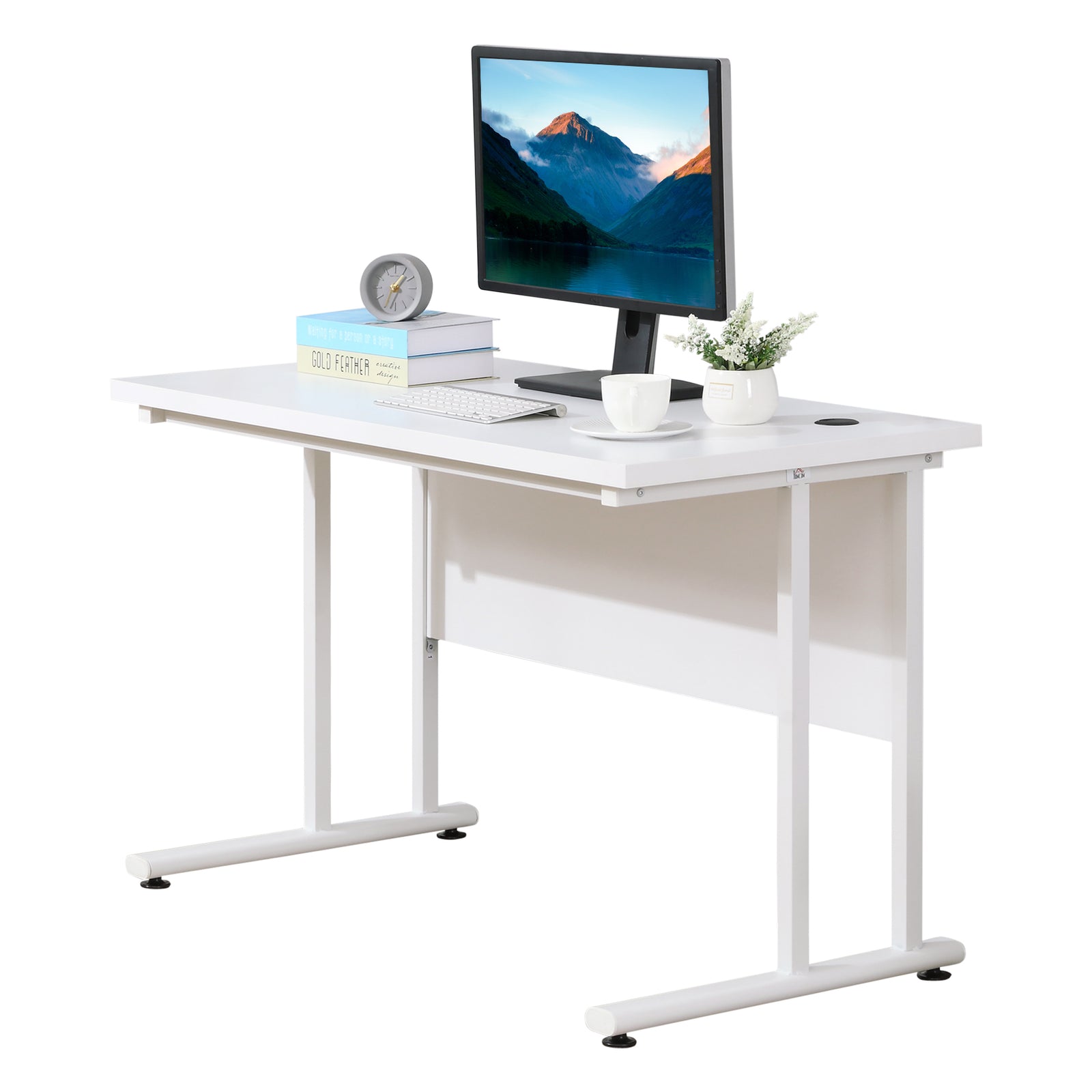 Computer Desk, Home Office Desk, Writing Table, 120x60x75cm Laptop Workstation with 2 Cable Management Holes, C Shaped Metal Legs for Adults, White