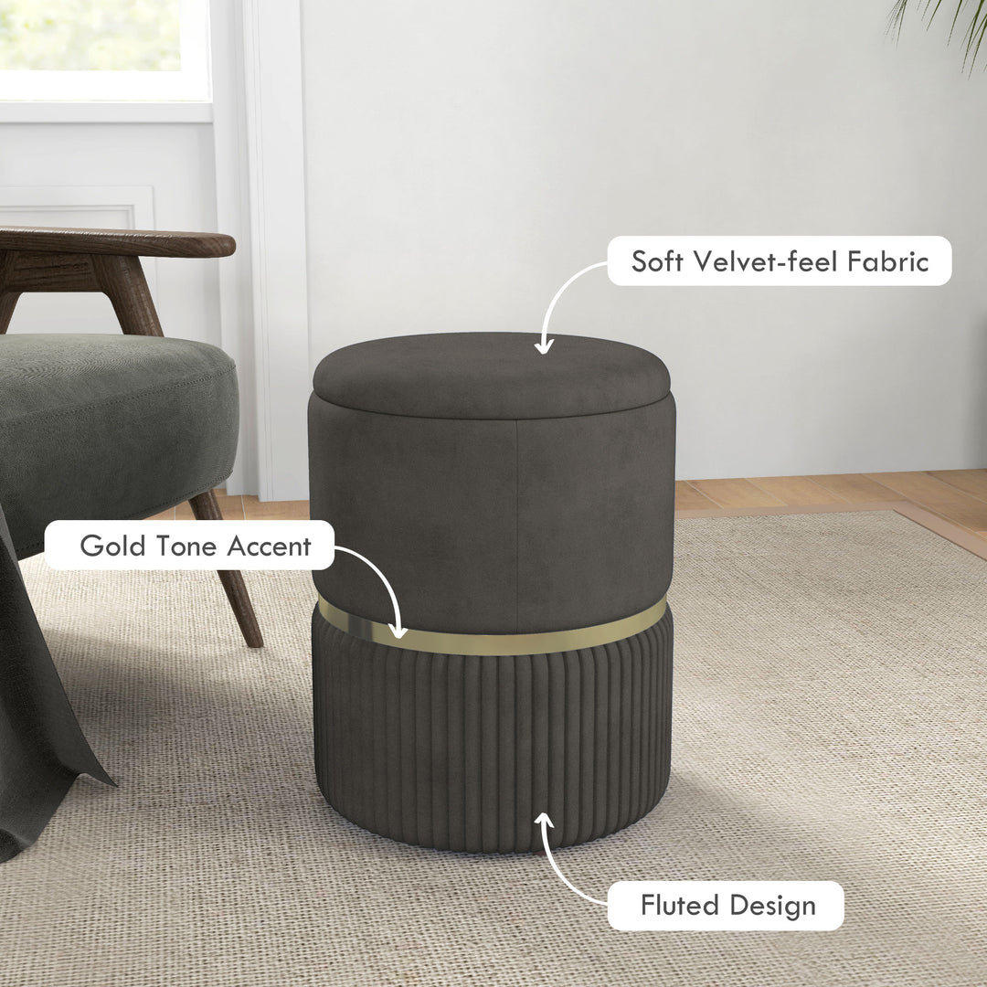 HOMCOM Velvet-feel Round Ottoman Stool, Storage Pouffe, Padded Seat, Hidden Compartment, Grey