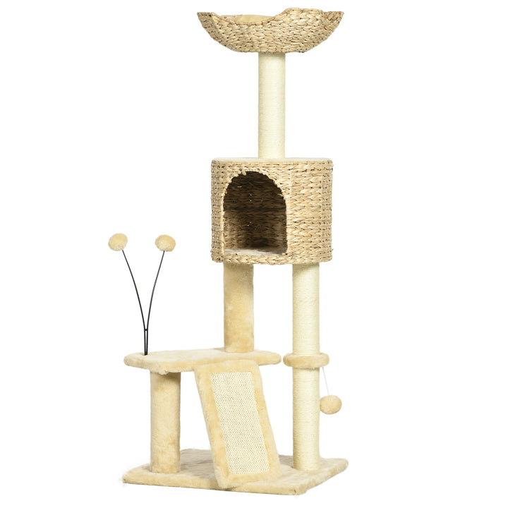 Cat Tree Tower with Scratching Post, Cat House, Bed, Toy Ball, Platform - Beige