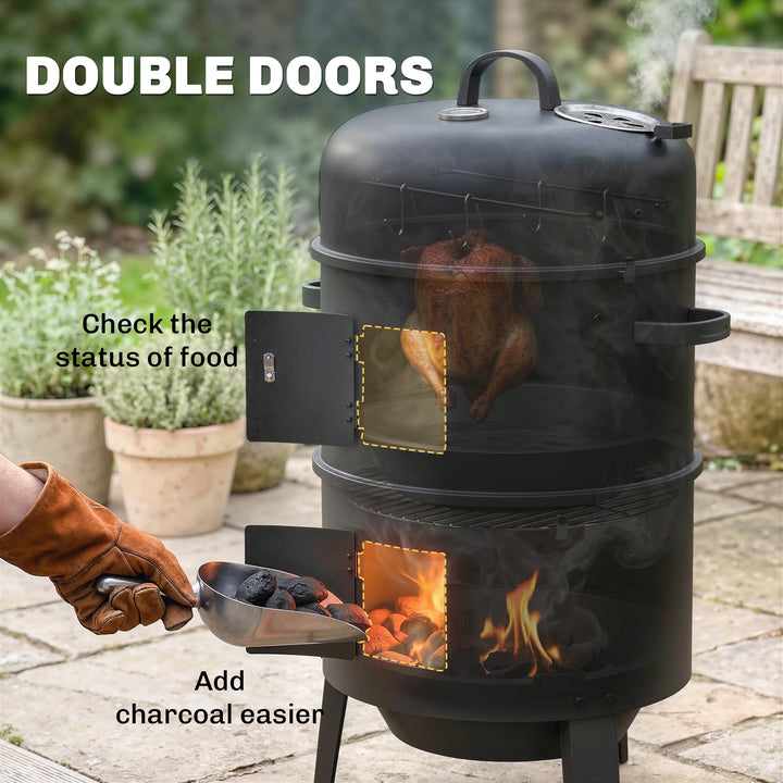 3-in-1 Vertical Charcoal Smoker with 2 Grill Grates, Built-in Thermome