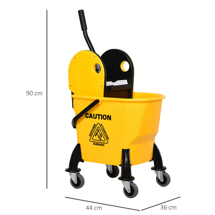 HOMCOM 26L Mop Bucket & Water Wringer w/ 4 Wheels Plastic Body Metal Handle Pole Holder Home Commercial Cleaning Floor Cart Yellow | Aosom UK