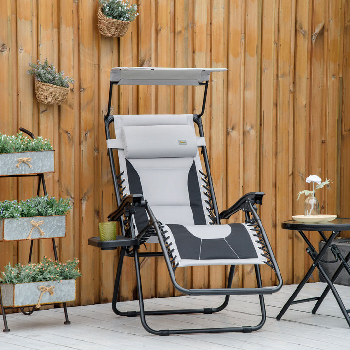 Zero Gravity Lounger Chair, Folding Reclining Patio Chair with Shade Cover, Padded Seat, Cup Holder, Soft Cushion and Headrest for Poolside, Camping, Grey