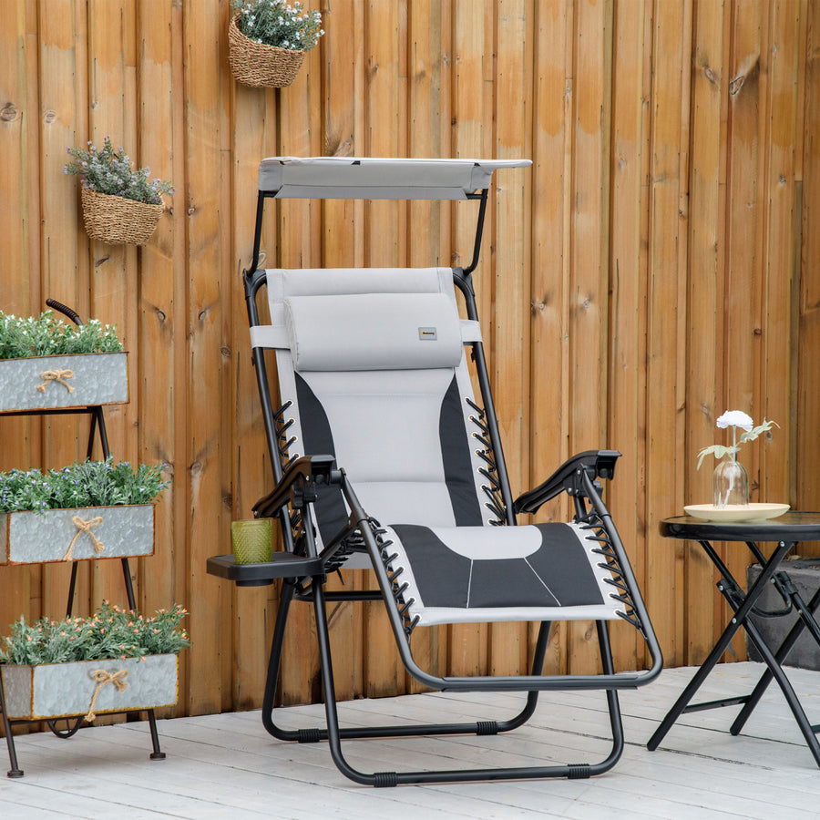 Zero Gravity Lounger Chair, Folding Reclining Patio Chair with Shade Cover, Padded Seat, Cup Holder, Soft Cushion and Headrest for Poolside, Camping, Grey