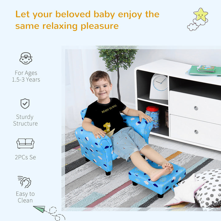 Toddler Chair Children's Armchairs Wood Frame w/ Footrest Anti-Slip Legs High Back Arms for Bedroom Playroom Cute Cloud Star Blue