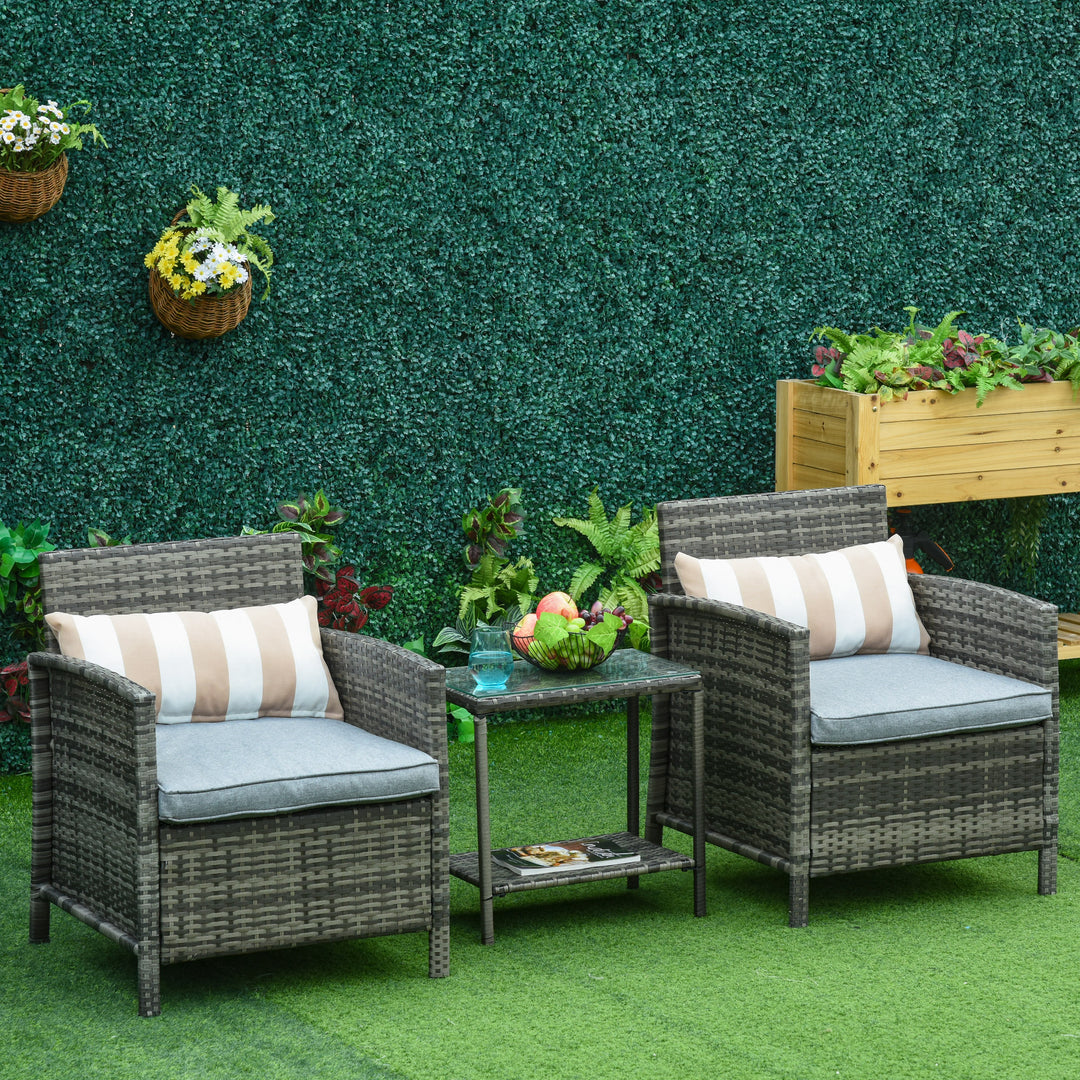 3 Pieces Rattan Bistro Set, Wicker Garden Furniture Set, Glass Top 2-tier Coffee Table and Chairs Set with Pillows and Washable Cushions for Outdoor, Patio, Balcony, Grey
