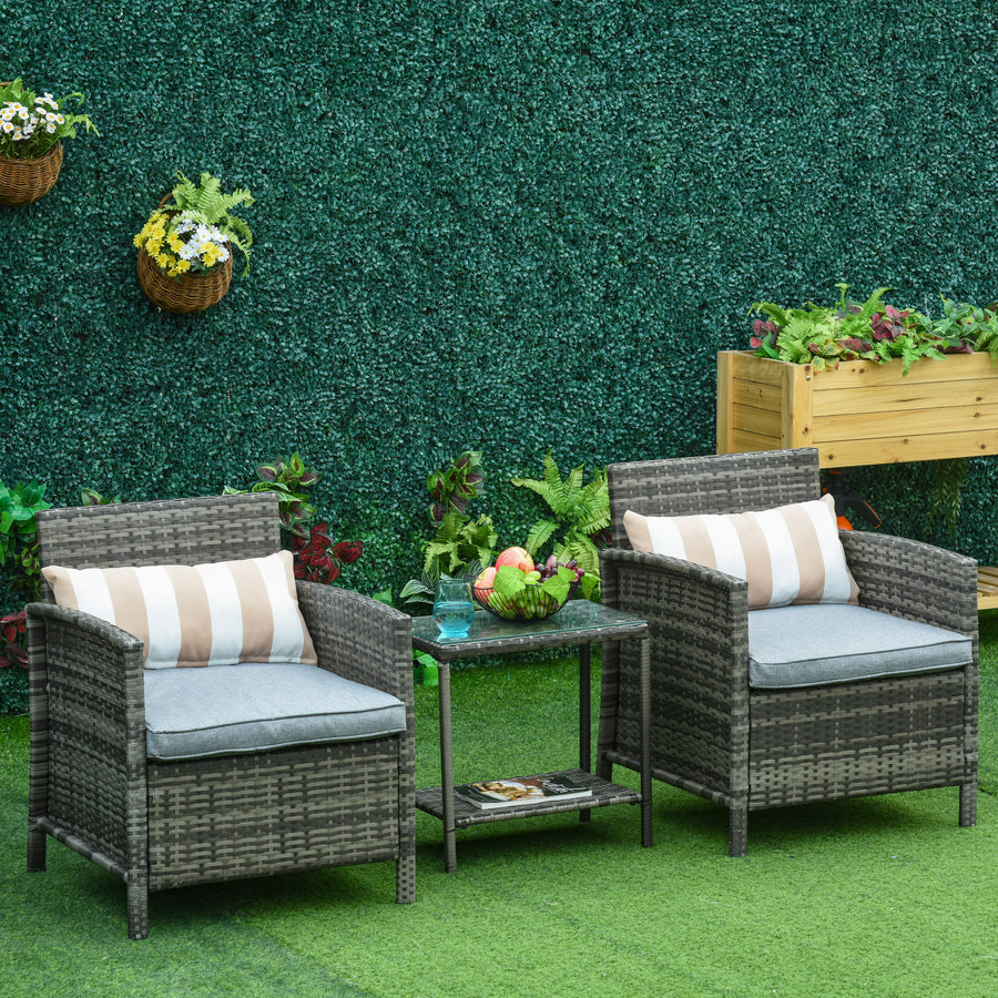 3 Pieces Rattan Bistro Set, Wicker Garden Furniture Set, Glass Top 2-tier Coffee Table and Chairs Set with Pillows and Washable Cushions for Outdoor, Patio, Balcony, Grey