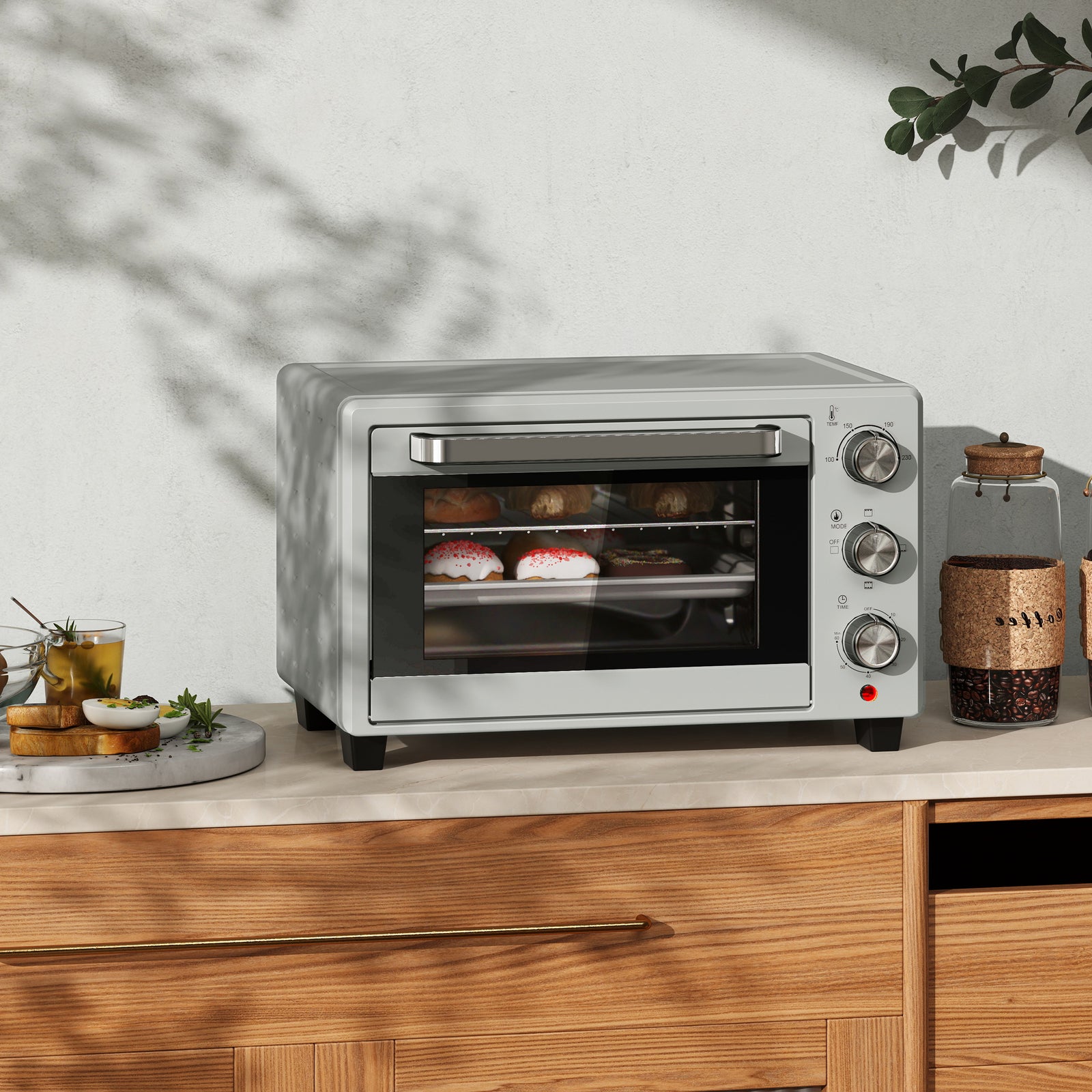 21L Mini Countertop Oven, 100°C-230°C Adjustable Temp - Silver Tone