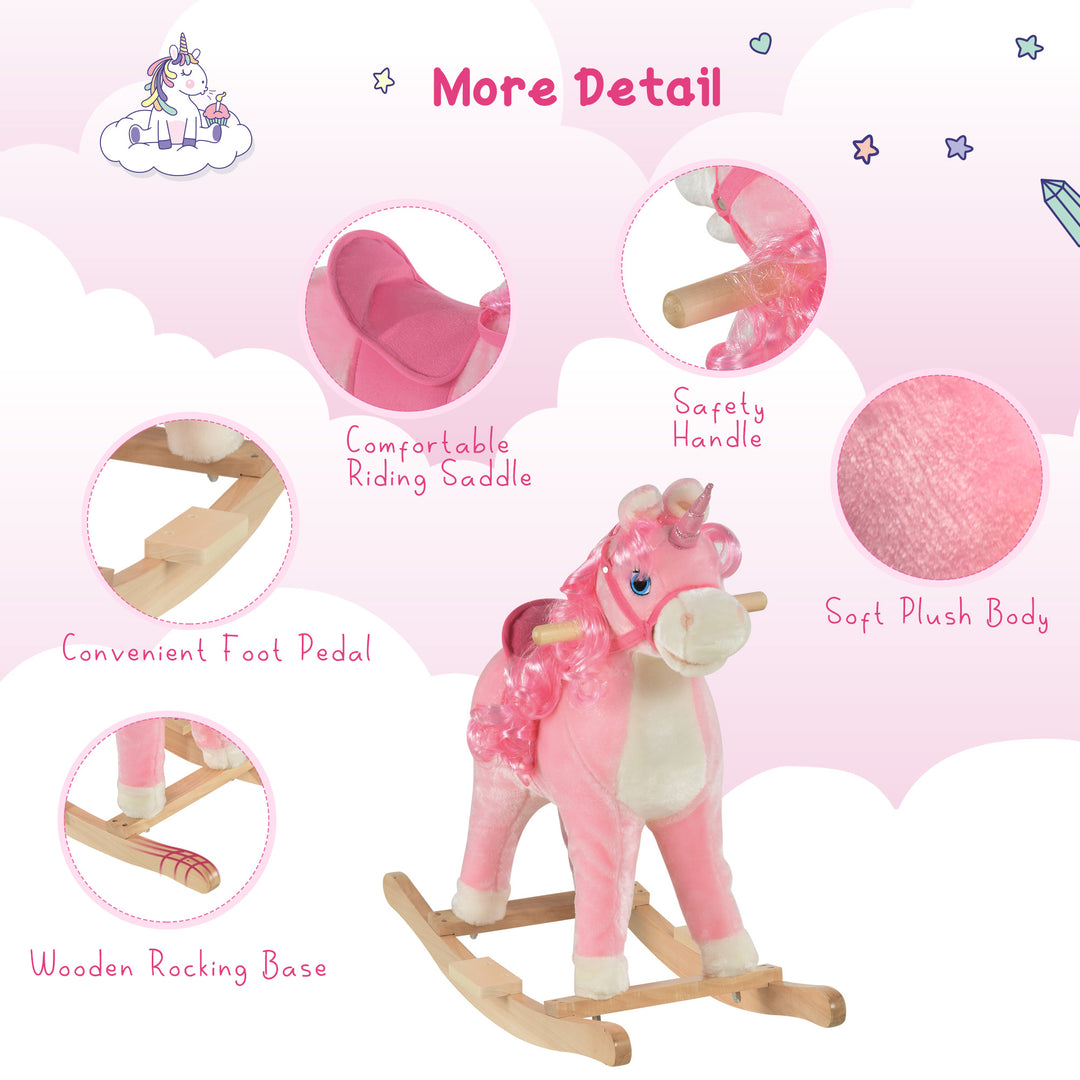 Kids Plush Rocking Horse Ride On Unicorn w/ Sound Moving Mouth Wagging Tail Children Rocker Toy Gift 3-6 Years Pink