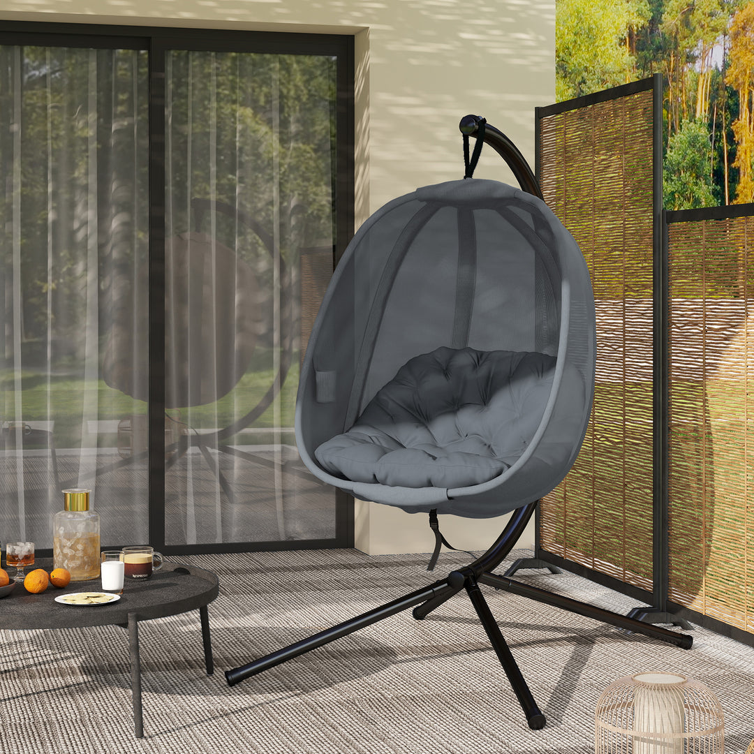 MCL Hanging Egg Chair, Folding Texteline Swing Hammock with Side Pocket, Cushion and Stand for Indoor Outdoor, Patio Garden Furniture, Grey