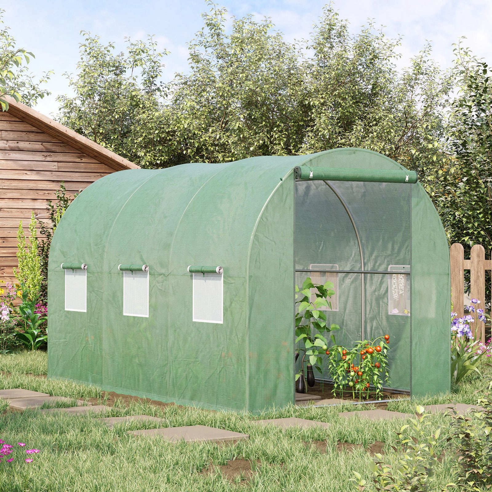 Walk-in Polytunnel Greenhouse, Outdoor Garden Tunnel Greenhouse Tent with Zipped Roll-Up Door and 6 Mesh Windows, 3 x 2M