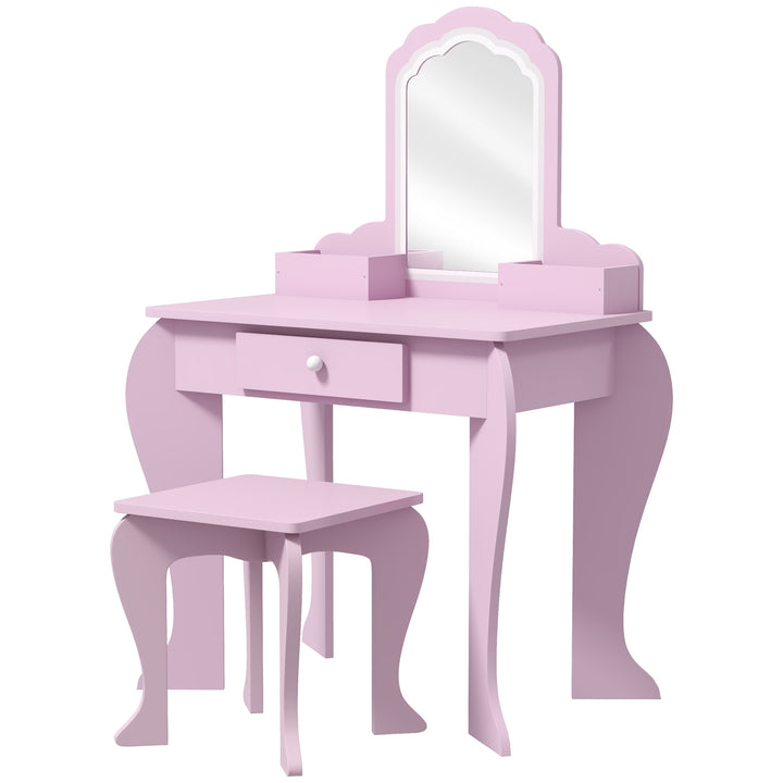 ZONEKIZ Child's Vanity Set with Cloud-Shaped Mirror, Stool, Drawer, and Storage Compartments, Pink | Aosom UK