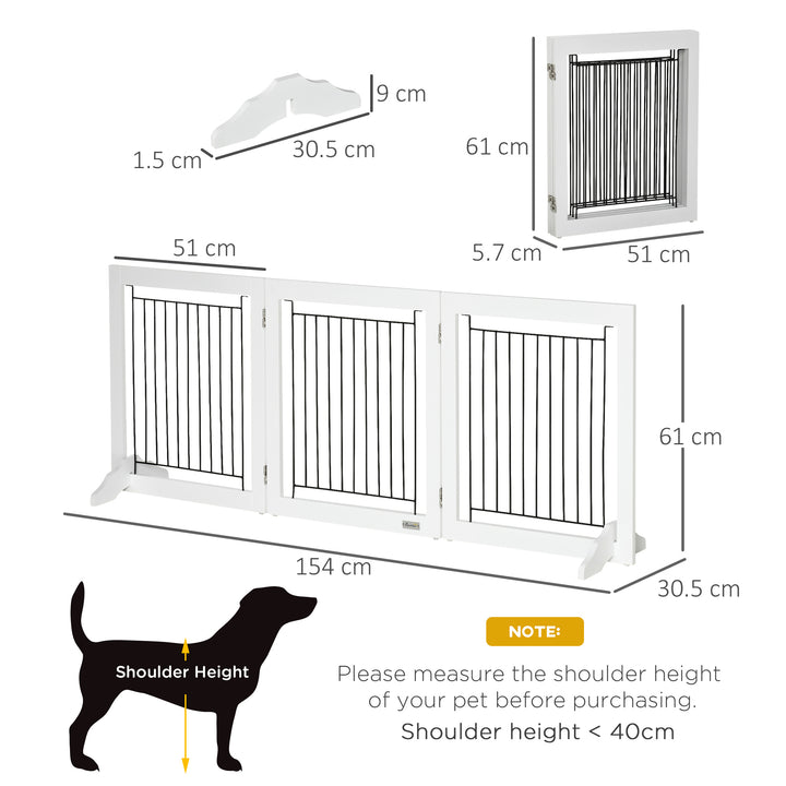 PawHut Dog Gate, Freestanding Pet Gate, Wooden Puppy Fence Foldable Design w/ 61 cm Height 3 Panels, 2 Support Feet, Doorway Stairs White | Aosom UK