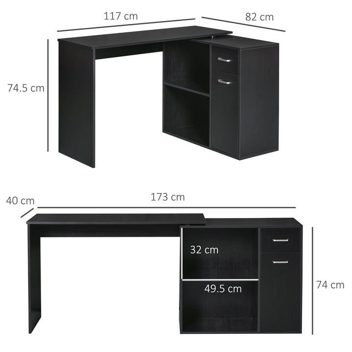 L-Shaped Desk, Corner Computer Desk, Adjustable Study Table with Storage Shelf, Drawer and Cabinet, Workstation for Home Office, Black Wood Grain