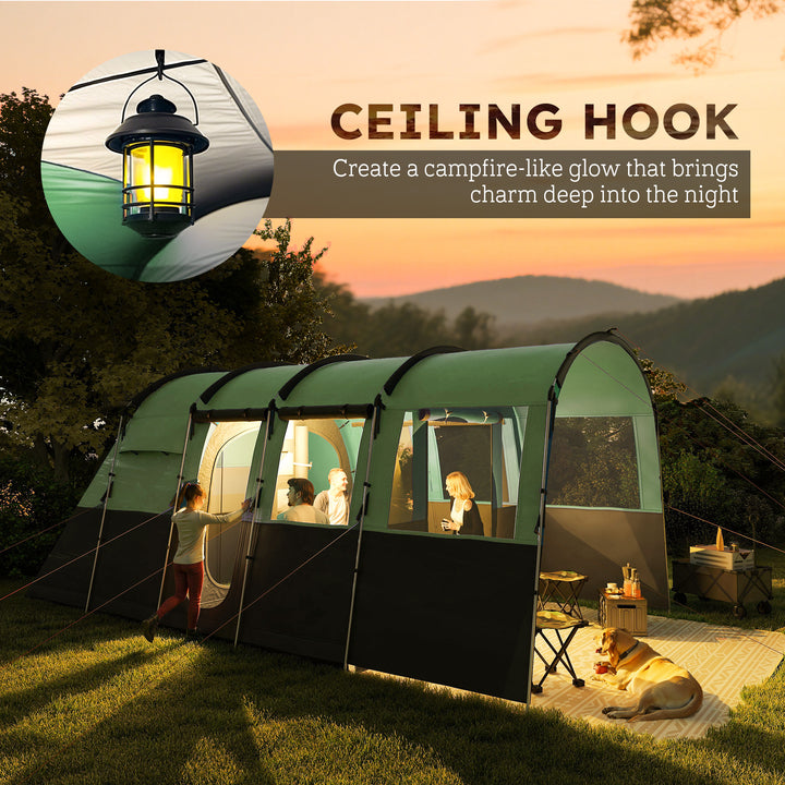 8-Person Camping Tent, Waterproof Family Tent, Tunnel Design, 4 Large Windows, Sleeping Cabins 3000mm Water Column Green
