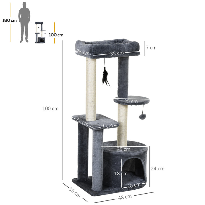 PawHut Cat Tree Tower: Multi-Activity Centre with Perch, House, Scratching Post, Play Ball & Rest Area, Grey & White | Aosom UK