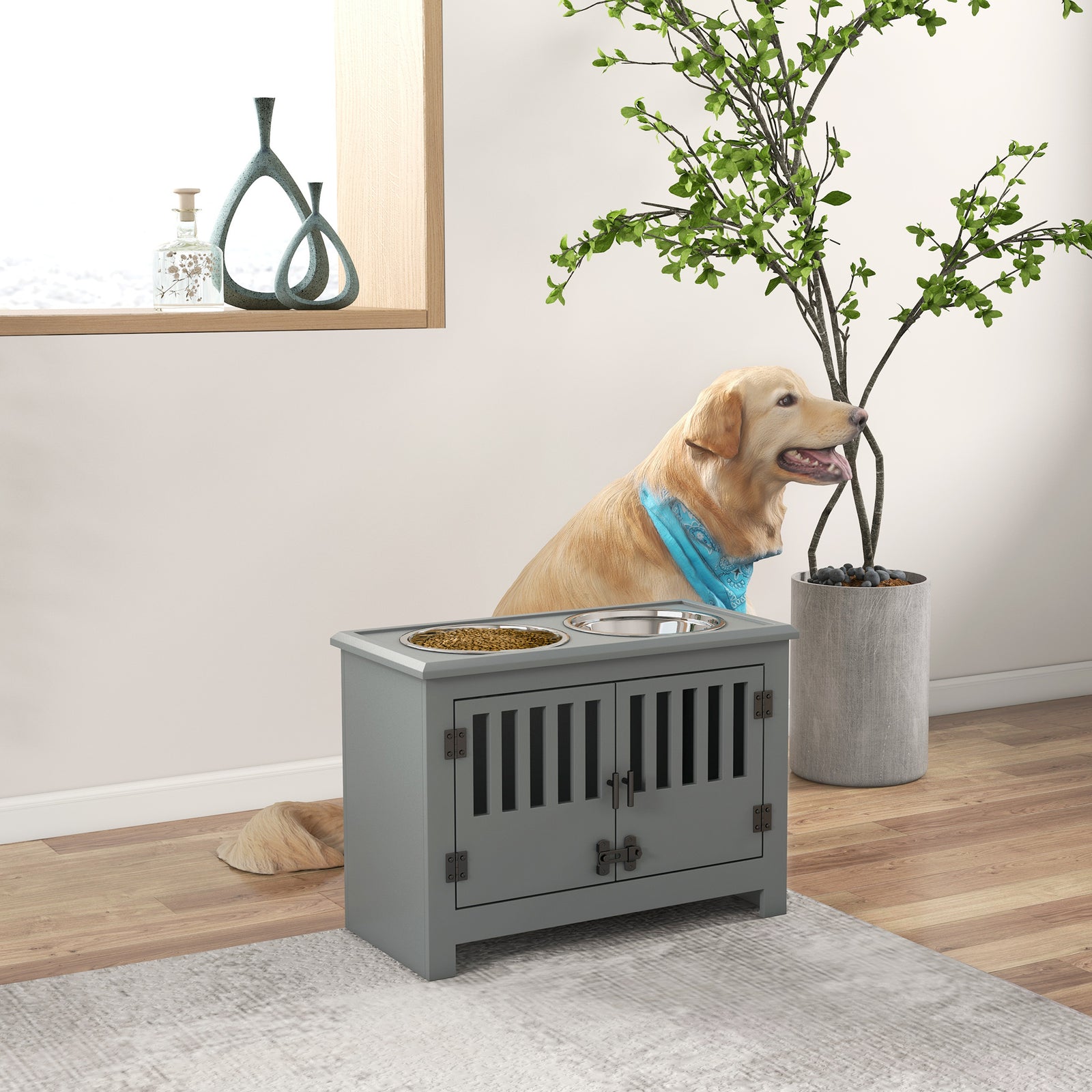 Raised Dog Bowls, Pet Feeding Station, with Storage, Food and Water Bowls, for Large Dogs - Grey