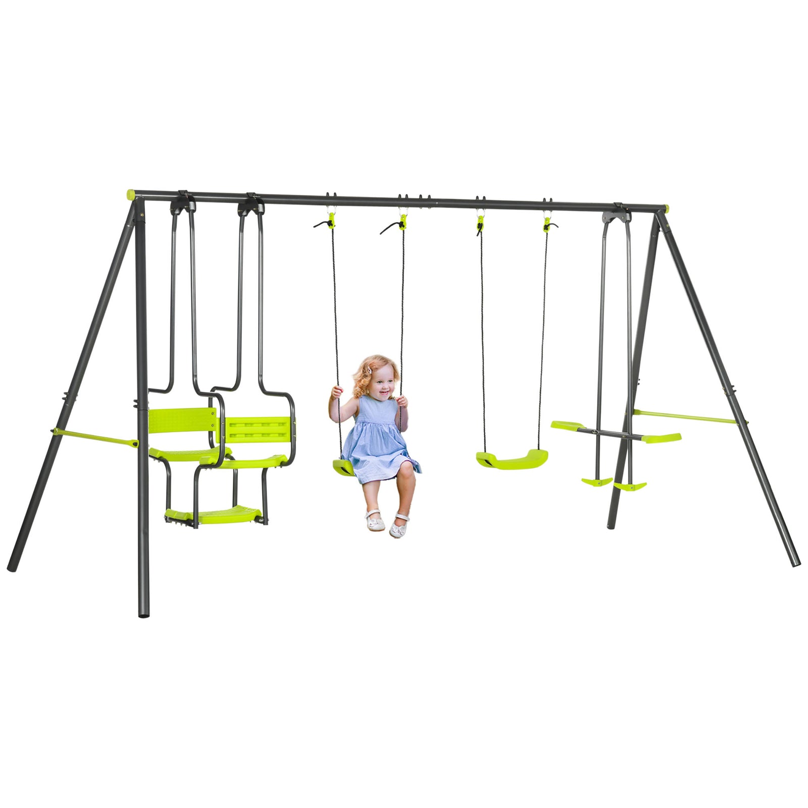 Metal Garden Swing Set with Double Swings, Glider, Swing Seats - Green