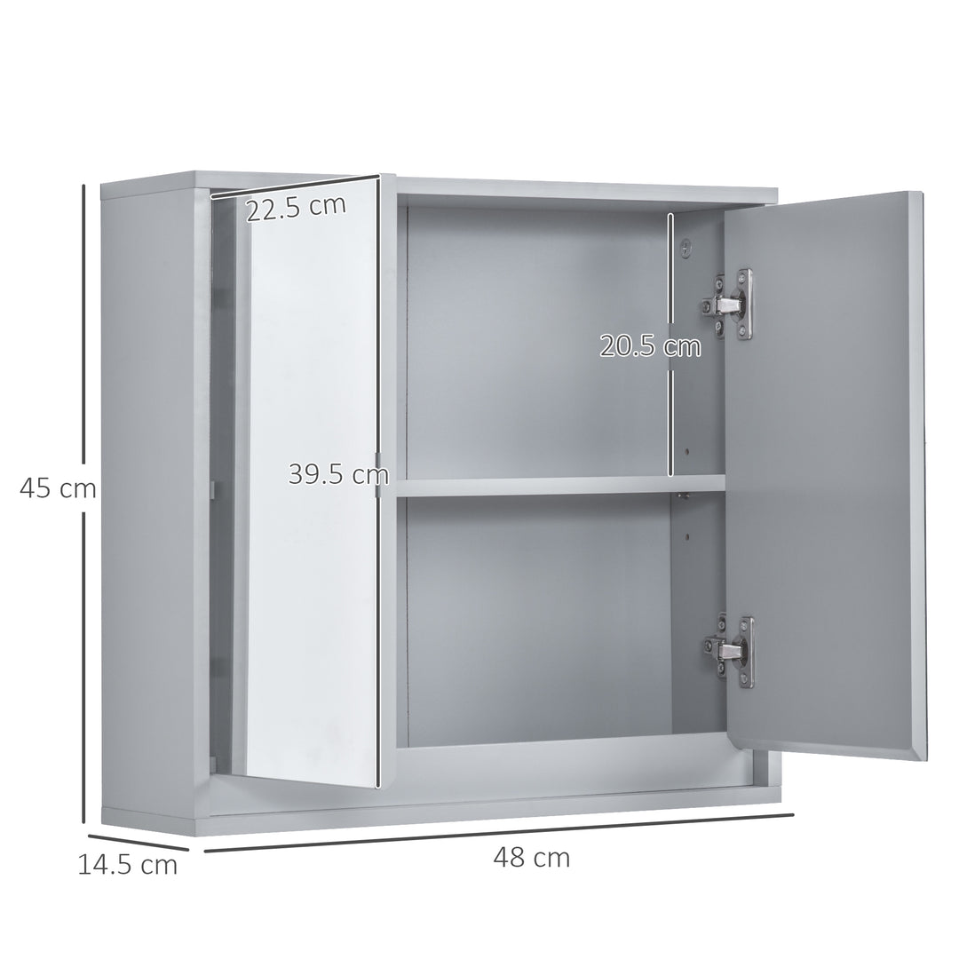 Wall Mounted Mirror Cabinet with Storage Shelf Bathroom Cupboard Double Door Grey