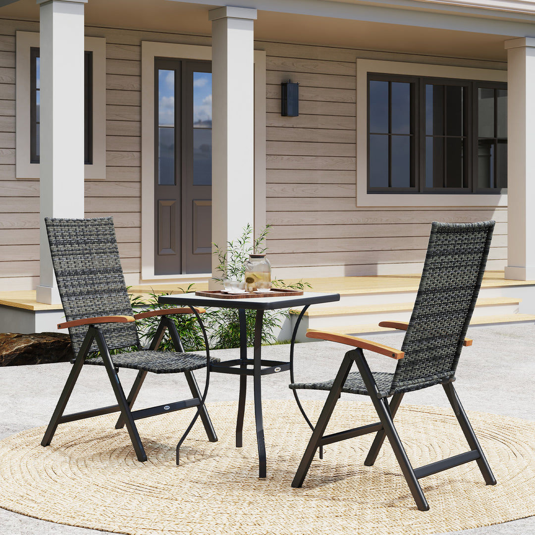 2 Pieces Folding Rattan Garden Dining Chairs with 5-level Reclining High Back, Wood Armrests for Outdoor - Mixed-grey
