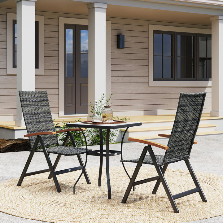 2 Pieces Folding Rattan Garden Dining Chairs with 5-level Reclining High Back, Wood Armrests for Outdoor - Mixed-grey